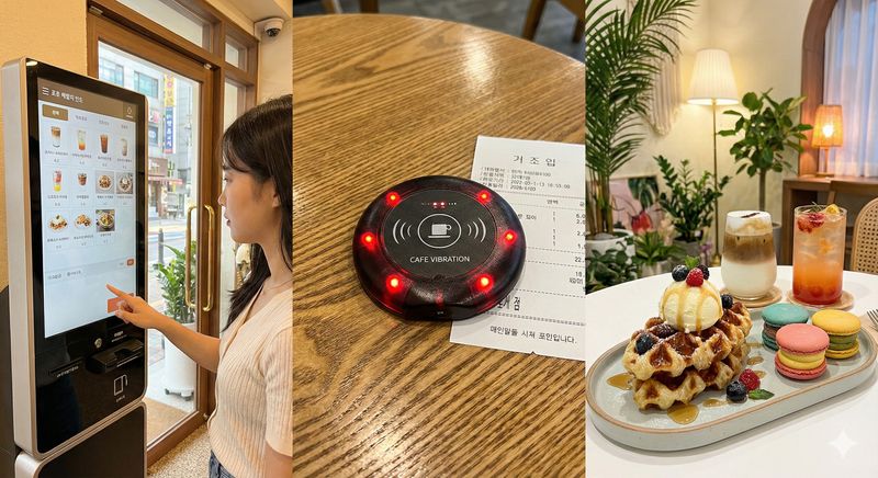 韓国カフェの風景:キオスク注文、振動ベル、デザート